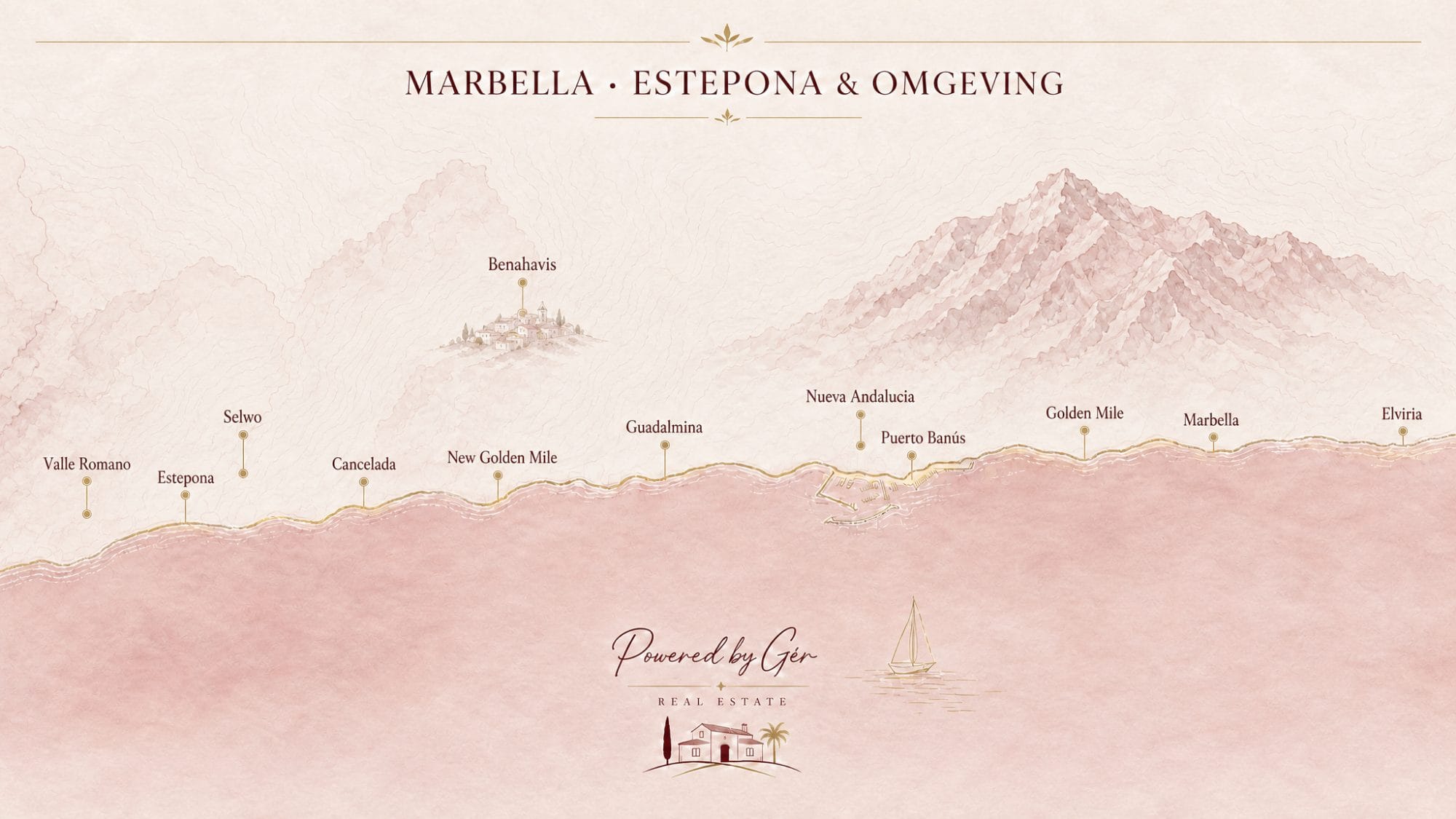 Kaart van het werkgebied van Powered by Gér: de kust van Estepona tot Marbella met het achterland